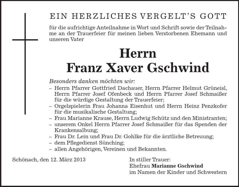 Traueranzeige Franz Xaver Gschwind