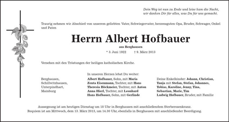 Traueranzeige Albert Hofbauer