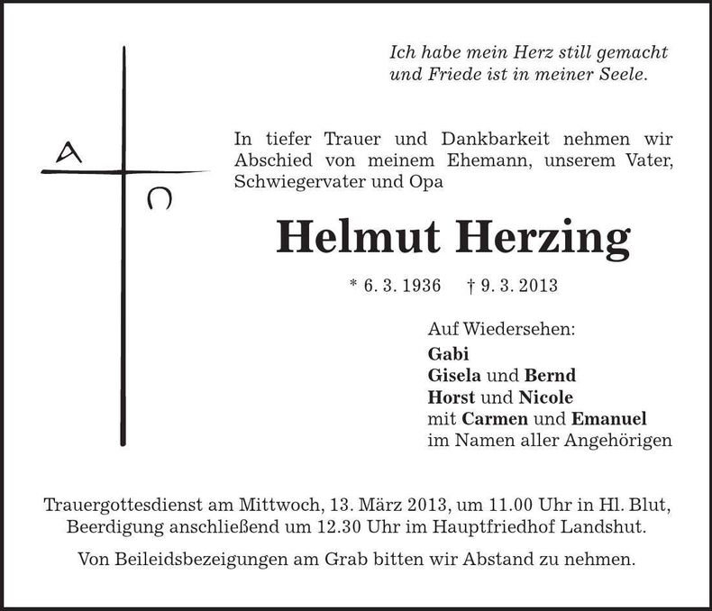 Traueranzeige Helmut Herzing