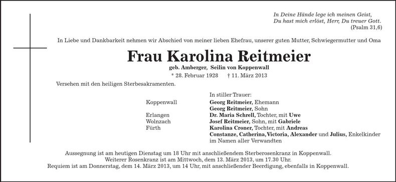 Traueranzeige Karolina Reitmeier