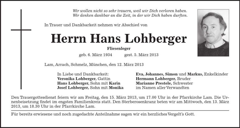 Traueranzeige Hans Lohberger