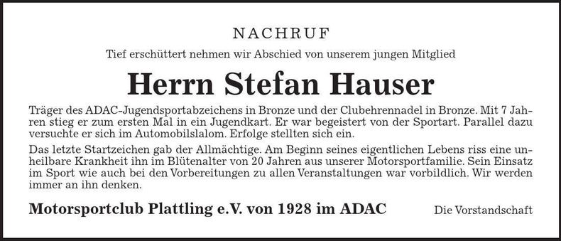 Traueranzeige Stefan Hauser