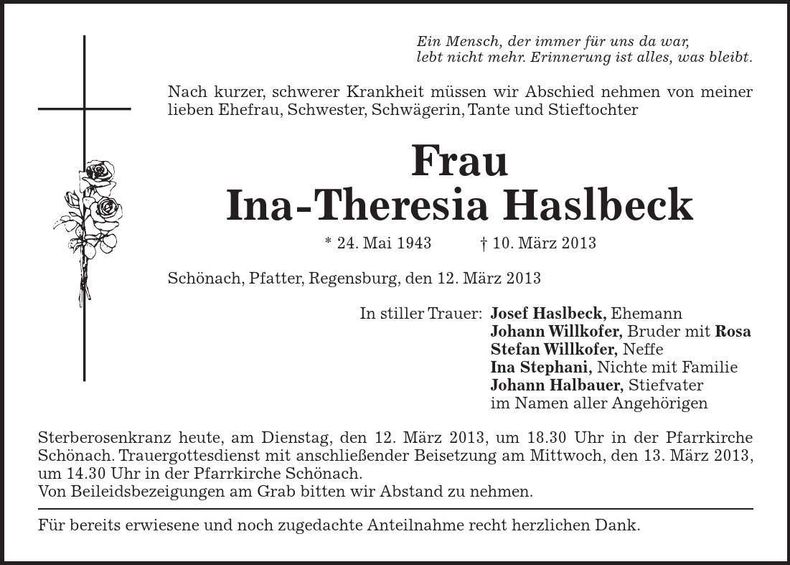 Traueranzeige Ina-Theresia Haslbeck