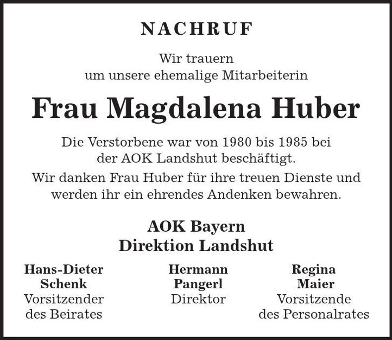 Traueranzeige Magdalena Huber