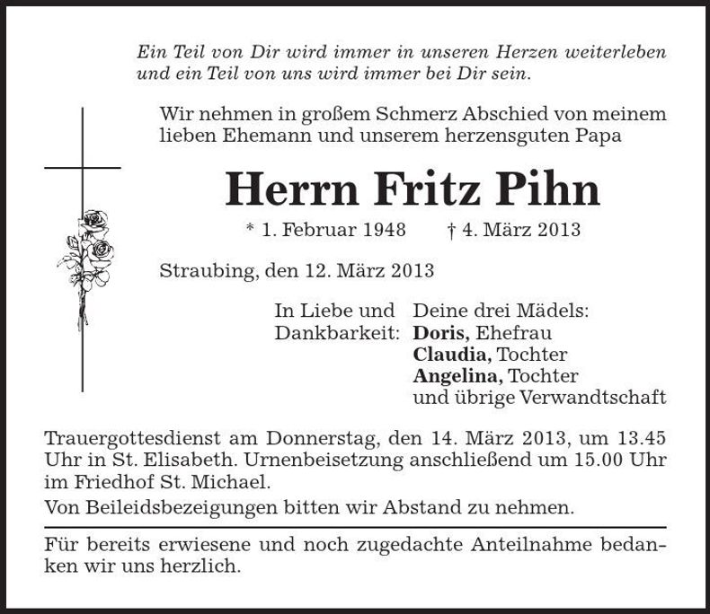 Traueranzeige Fritz Pihn