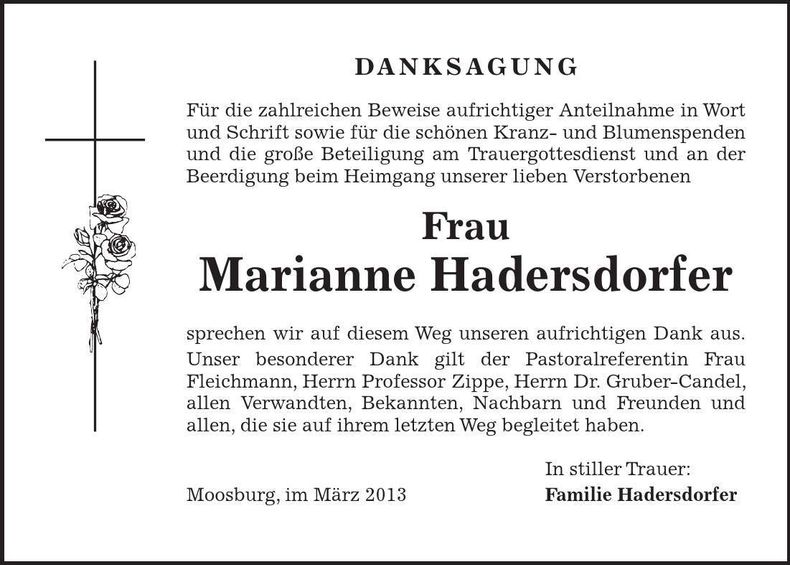 Traueranzeige Marianne Hadersdorfer