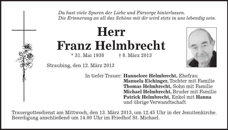 Traueranzeige Franz Helmbrecht