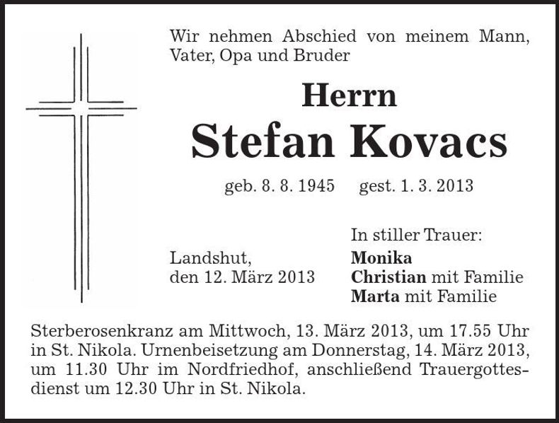 Traueranzeige Stefan Kovacs