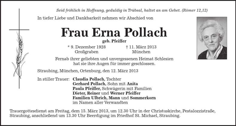 Traueranzeige Erna Pollach