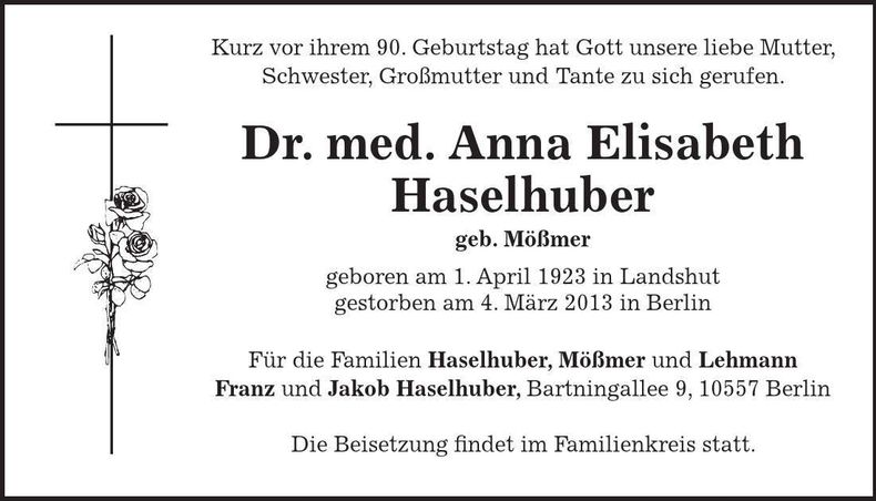Traueranzeige Anna Elisabeth Haselhuber