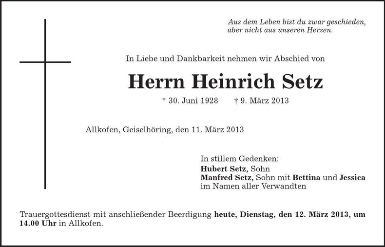 Traueranzeige Heinrich Setz