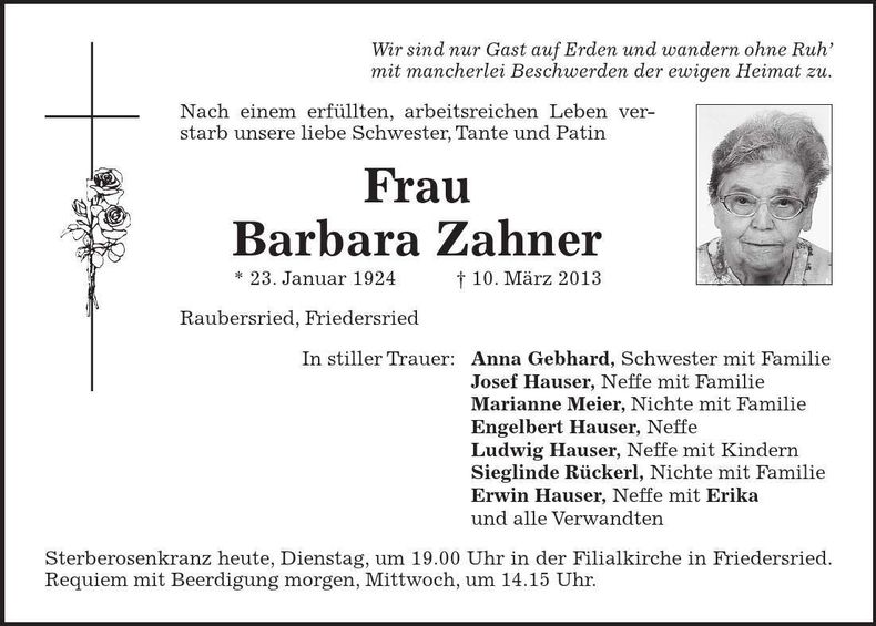 Traueranzeige Barbara Zahner