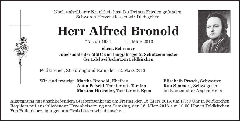 Traueranzeige Alfred Bronold
