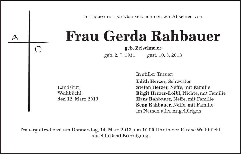 Traueranzeige Gerda Rahbauer