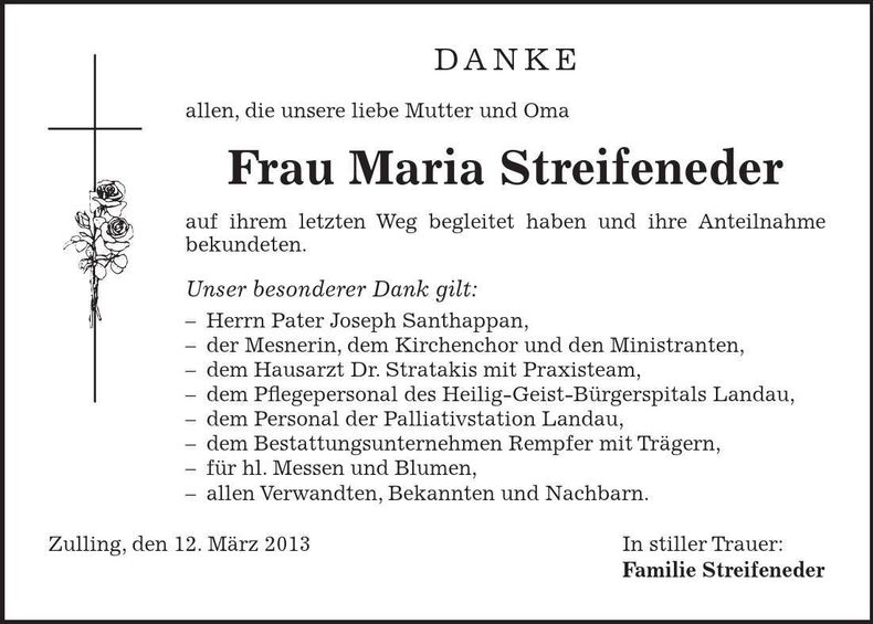 Traueranzeige Maria Streifeneder