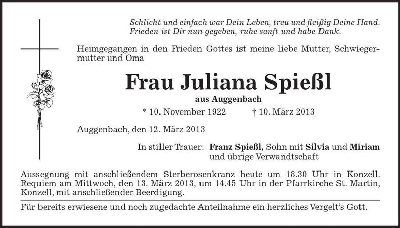 Traueranzeige Juliana Spießl