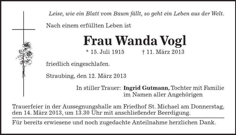 Traueranzeige Wanda Vogl