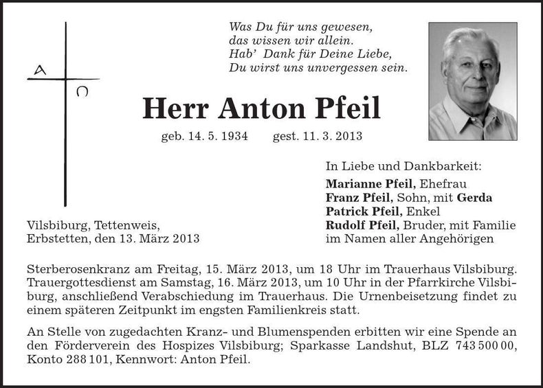 Traueranzeige Anton Pfeil