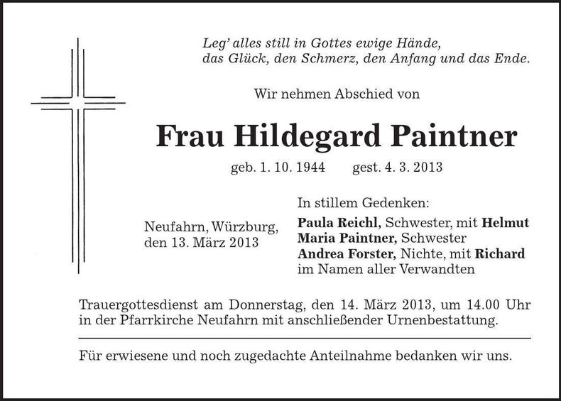 Traueranzeige Hildegard Paintner