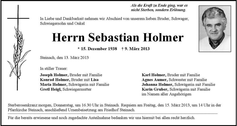 Traueranzeige Sebastian Holmer