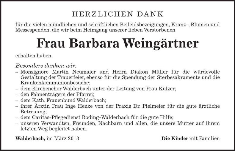 Traueranzeige Barbara Weingärtner