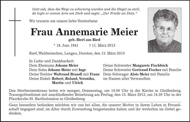 Traueranzeige Annemarie Meier