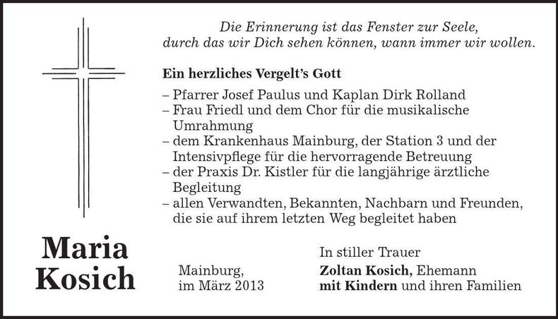 Traueranzeige Maria Kosich