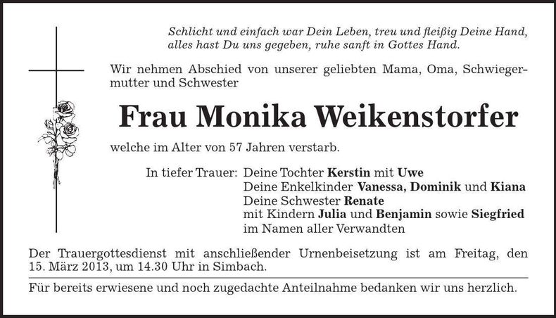 Traueranzeige Monika Weikenstorfer