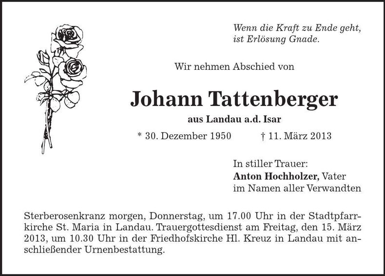 Traueranzeige Johann Tattenberger
