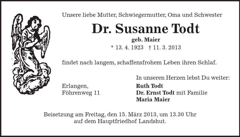 Traueranzeige Dr. Susanne Todt
