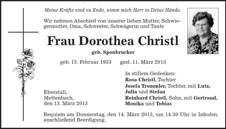 Traueranzeige Dorothea Christl
