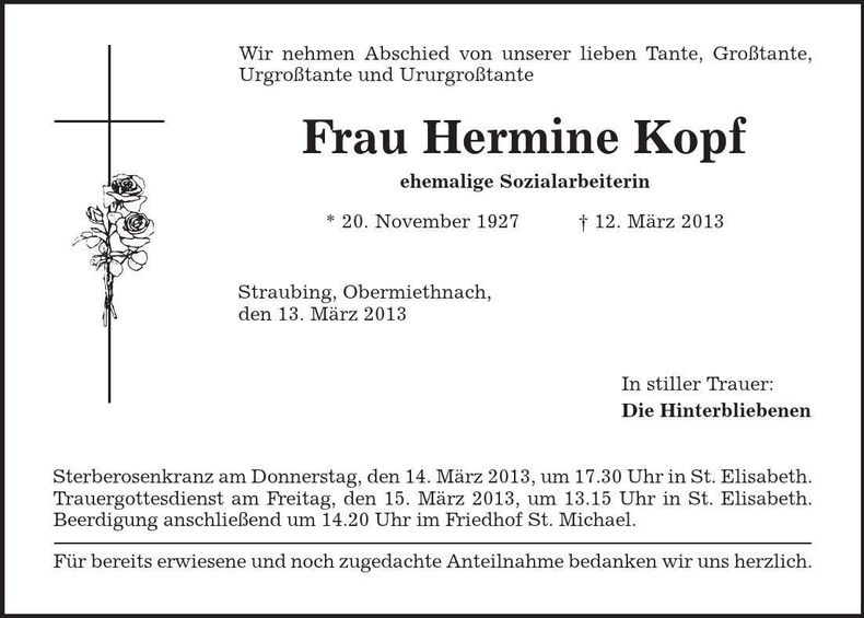 Traueranzeige Hermine Kopf