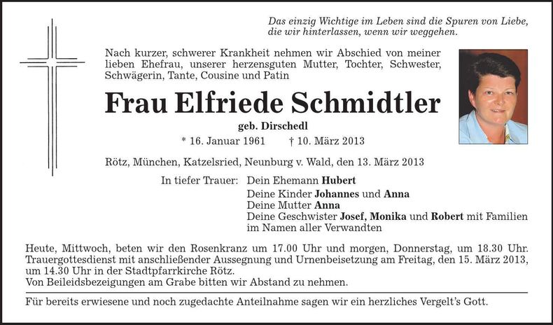 Traueranzeige Elfriede Schmidtler