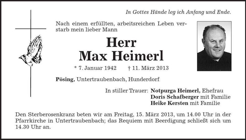 Traueranzeige Max Heimerl
