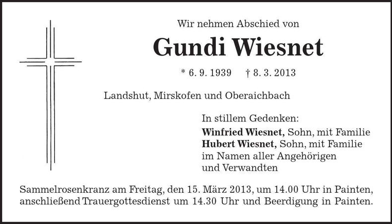 Traueranzeige Gundi Wiesnet