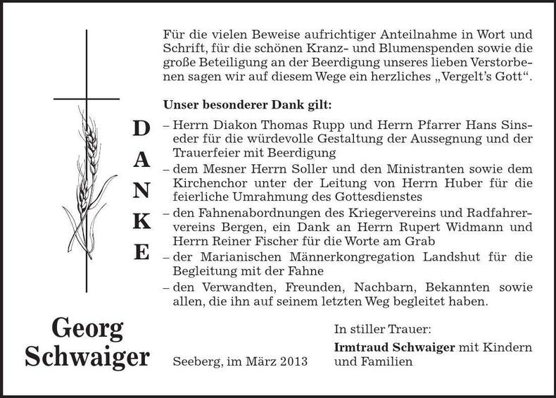 Traueranzeige Georg Schwaiger