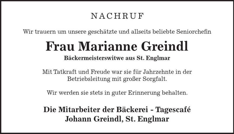 Traueranzeige Marianne Greindl
