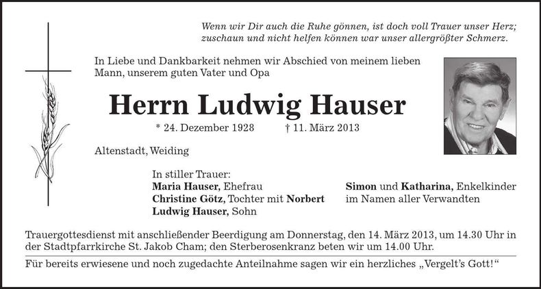 Traueranzeige Ludwig Hauser