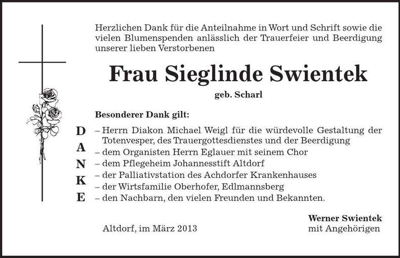 Traueranzeige Sieglinde Swientek