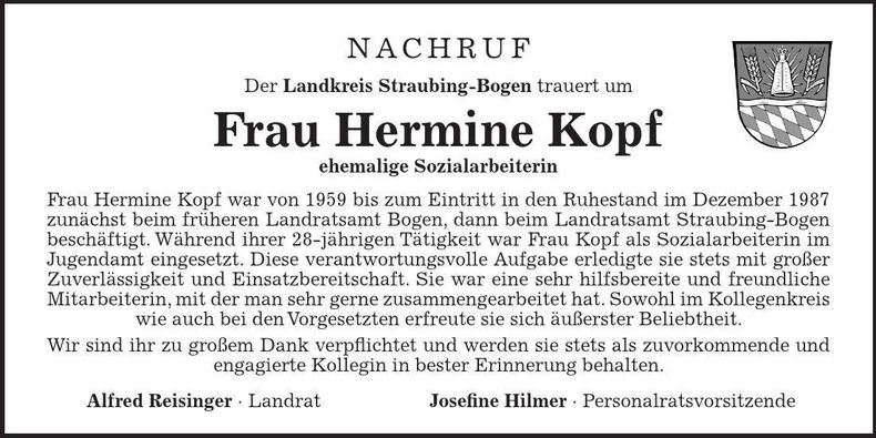 Traueranzeige Hermine Kopf