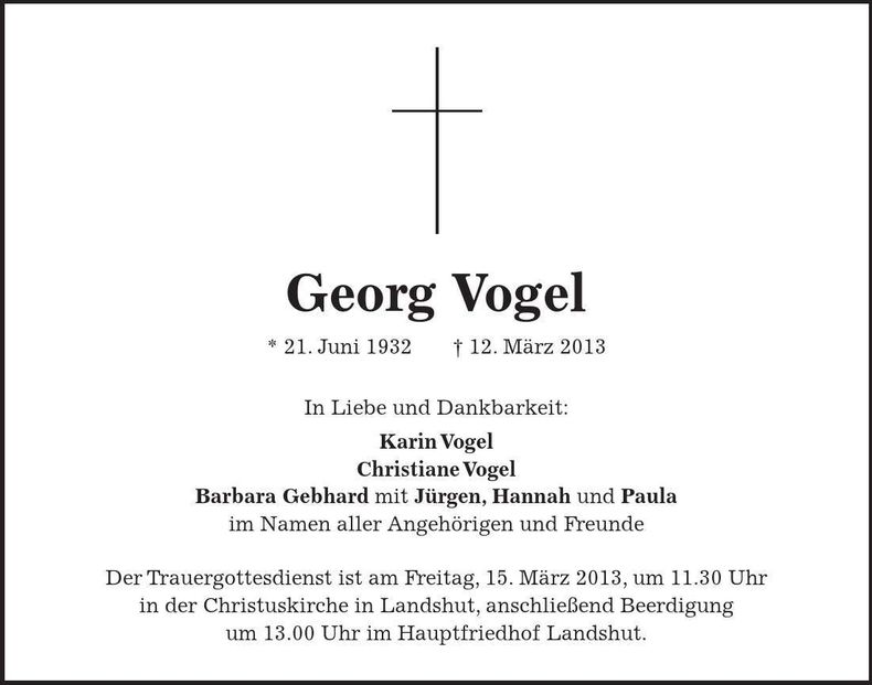 Traueranzeige Georg Vogel