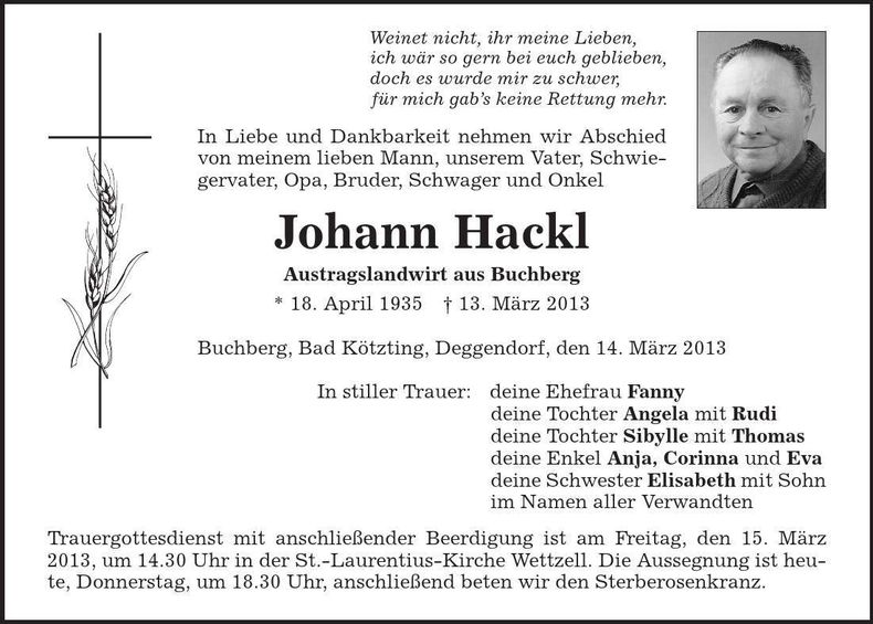 Traueranzeige Johann Hackl