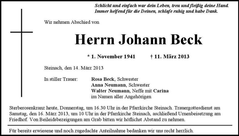 Traueranzeige Johann Beck