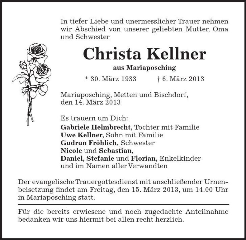 Traueranzeige Christa Kellner