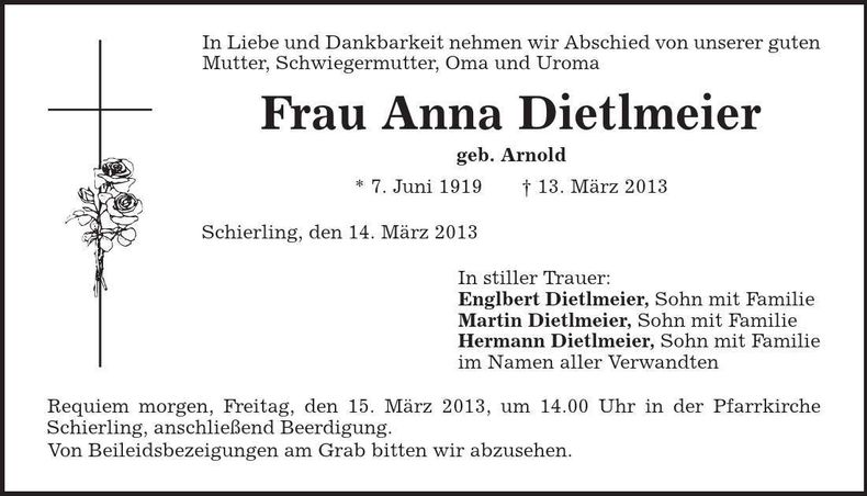 Traueranzeige Anna Dietlmeier