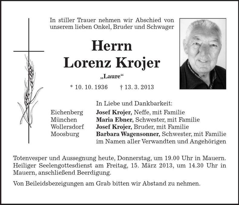 Traueranzeige Lorenz Krojer