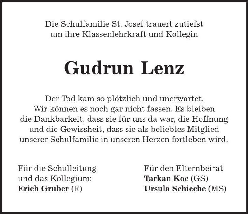 Traueranzeige Gudrun Lenz