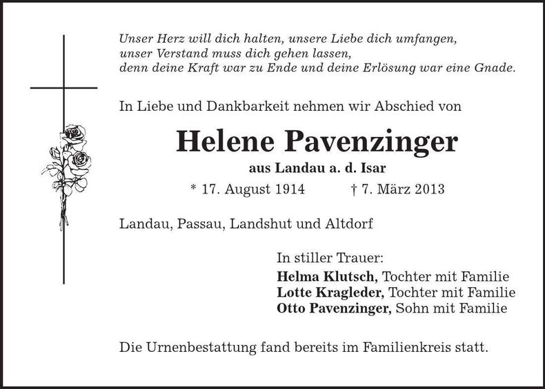 Traueranzeige Helene Pavenzinger