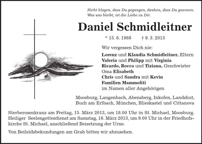 Traueranzeige Daniel Schmidleitner