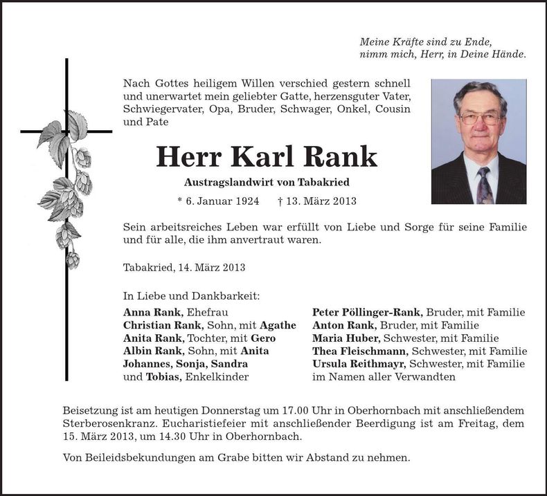 Traueranzeige Karl Rank